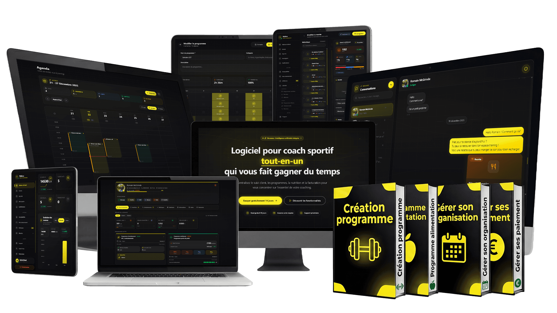 Interface Maliora affichée sur ordinateur portable, tablette et smartphone - Gestion de coaching sportif multi-appareils